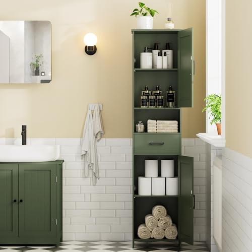 Homhedy 67" H Tall Bathroom Storage Cabinet with Barn Doors and Drawer
