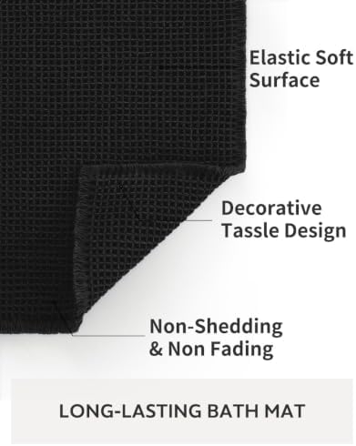 tchdio Waffle Bath Mat Rug, Super Absorbent Non Slip Bath Mats Ultra Soft Bathmat Machine Washable Bathroom Rugs with Tassels, Bath Rugs for Bathroom Floor Beside Tub, 18" x 30", Black