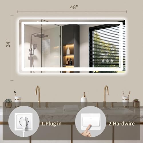 24"x48" LED Bathroom Mirror with Lights, Backlit + Front Lit, Anti-Fog, Lighted Bathroom Mirror for Wall, HD Shatterproof Tempered Glass, Dimmable, Memory Function (Horizontal/Vertical)