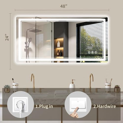 24"x48" LED Bathroom Mirror with Lights, Backlit + Front Lit, Anti-Fog, Lighted Bathroom Mirror for Wall, HD Shatterproof Tempered Glass, Dimmable, Memory Function (Horizontal/Vertical)
