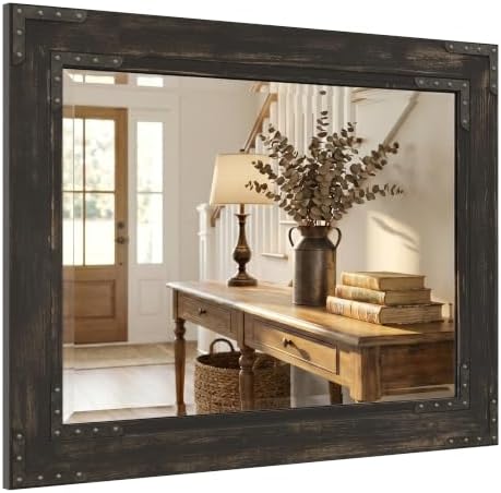 Rustic Black 30x40 Inch Wood Bathroom Vanity Mirror, Rivets