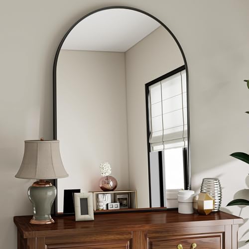 VooBang Arched Wall Mirror, 26 x 41 inch Arch Bathroom Mirror, Wall Mounted Vanity Mirror with Arch Metal Frame, Modern Bathroom Vanity Mirror for Bedroom, Living Room, Hanging or Leaning, Black