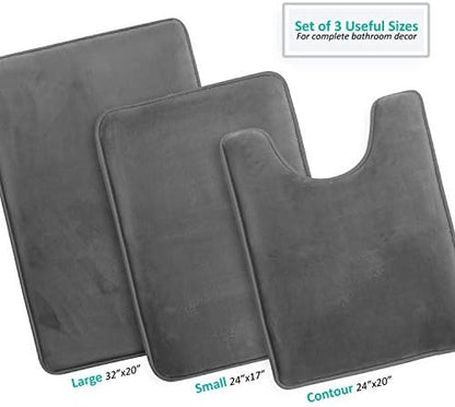 Clara Clark 3 Piece Bathroom Rugs Bath Mat Set, Velvet Memory Foam Bath Mats for Bathroom - Non-Slip, PVC Backing Bath Rugs, Washable - Dries Quickly, Grey