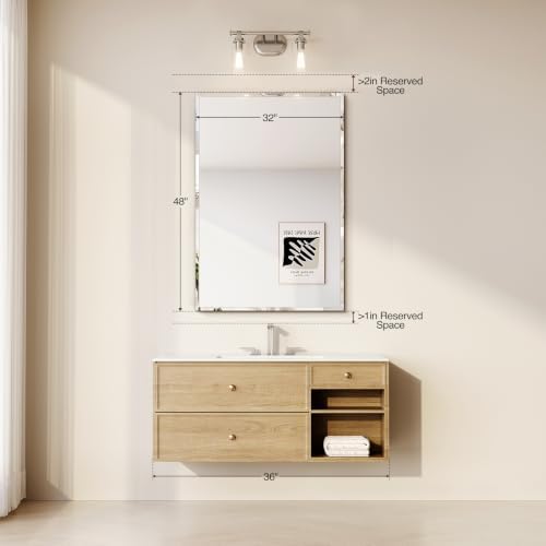 Frameless Bathroom Mirror 32"x48", Beveled Bathroom Mirror