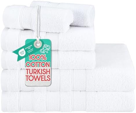 American Soft Linen Salem Turkish Bath Towel Set, 100% Cotton 600 GSM 6 Piece Towels for Bathroom, 2 Bath Towels 2 Hand Towels 2 Washcloths, White