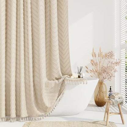 Dynamene Extra Long Boho Shower Curtain Tufted Chevron 72"x96" Beige