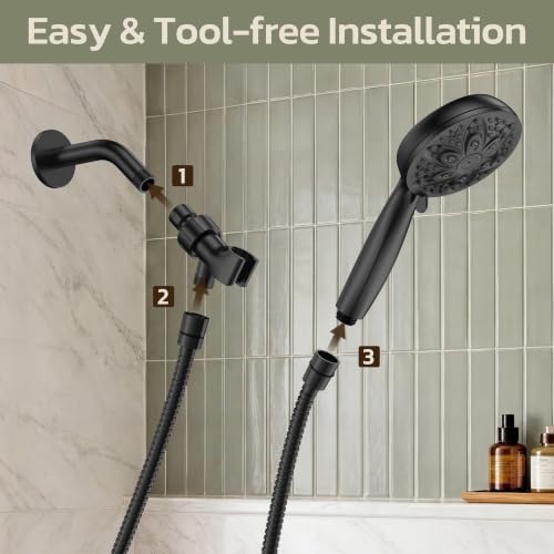 JDO Shower Head with Handheld, High Pressure Handheld 6 Settings, Detachable Shower Head Set with Stainless Steel Hose and Shower Bracket (Matte Black)