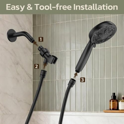 JDO Shower Head with Handheld, High Pressure Handheld 6 Settings, Detachable Shower Head Set with Stainless Steel Hose and Shower Bracket (Matte Black)