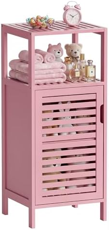 HITNET Small Bathroom Storage Cabinet, Bamboo Floor Cabinet Single Door, Freestanding Narrow Side Organizer for Living Room Hallway Entryway, Pink