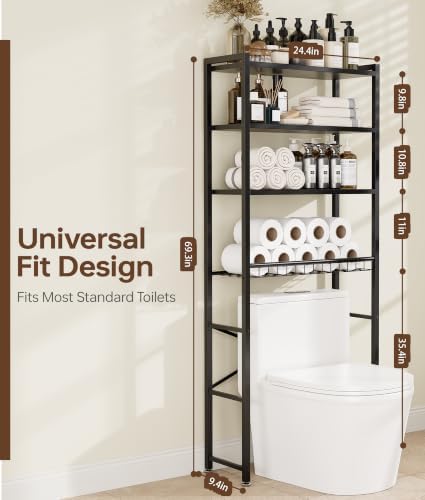 4-Tier Over-the-Toilet Storage Rack with One-Piece Wooden Shelves & Open Net Basket, Bathroom Organizer with Adjustable Feet & Anti-Tip Kit, Space-Saving Toilet Shelf, Brown, 24.4" x 9.4" x 69.3"