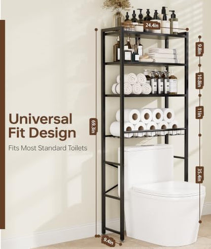 4-Tier Over-the-Toilet Storage Rack with One-Piece Wooden Shelves & Open Net Basket, Bathroom Organizer with Adjustable Feet & Anti-Tip Kit, Space-Saving Toilet Shelf, Brown, 24.4" x 9.4" x 69.3"