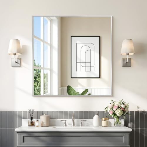 COFENY Silver Bathroom Mirror for Wall, 30x30 Inch Square Mirrors with Metal Frame, Modern Vanity Wall Mirror Decor for Bathroom Sink, Living Room, Entryway Hangs Horizontal or Vertical