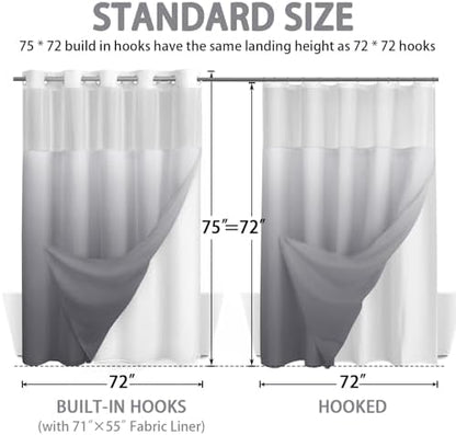 No Hook Shower Curtain with Liner Set Hotel Waffle Ombre Grey 72W X 75L