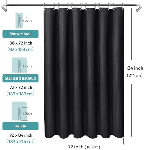 Vipfree 3 in 1 Shower Curtain Set, Waffle Shower Curtain and Liner Set with 12 Double Sided Shower Curtain Hooks, 258GSM Luxury Weighted Cloth Shower Curtains for Bathroom, 72 W x 84 H, Black