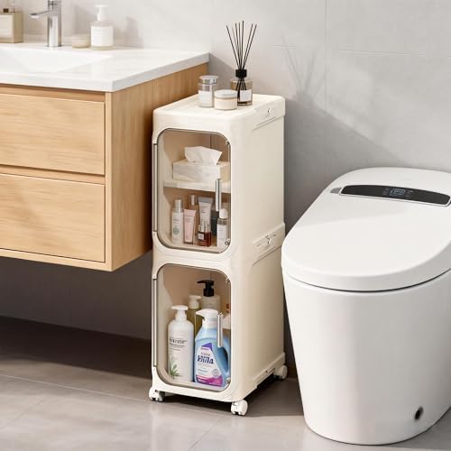 Narrow Storage Cabinet,2-Tier Slim Bathroom Organizer with Wheels,Beige
