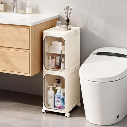 Narrow Storage Cabinet,2-Tier Slim Bathroom Organizer with Wheels,Beige