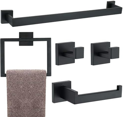 5 Pieces Bathroom Hardware Accessories Set Matte Black, 24Inch Square Towel Racks Set for Bathroom, SUS304 Stainless Steel Towel Bar Set, Bath Accessories Sets Wall Mounted