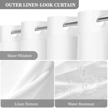 BTTN White Ringless Linen Textured Shower Curtain with Snap in Liner, 72x75