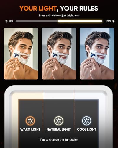 Heated Shower Mirror Fogless for Shaving (Gen 3) - 3 Colors Stepless Dimmable Lights, Anti-Fog Shaving Mirror with Razor Holder, No-Drilling, Removable - White