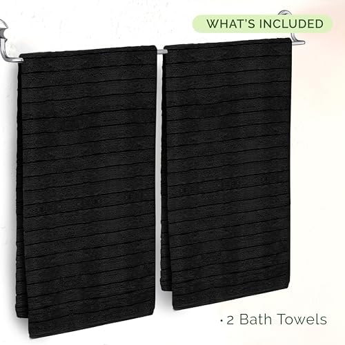 Elegant Comfort 100% Turkish Cotton Corduroy Ribbed Luxury Soft 2 Pack Bath Towels 27 x 54 Inch - Ultra Plush, Absorbent, Quick Dry, Hotel Spa Quality Towels for Bathroom Essentials, Black