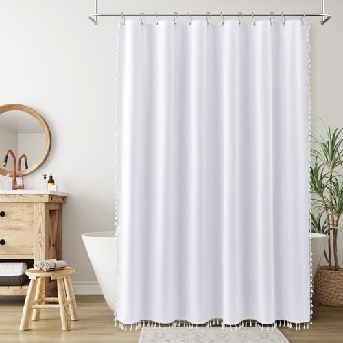 Nanspring Extra Long White Boho Linen Shower Curtain 96 Inches Tassel Neutral Textured Cloth Shower Curtain Set with Hooks Rustic Elegant Shower Curtain for Bathroom Water Repellent 72x96, White