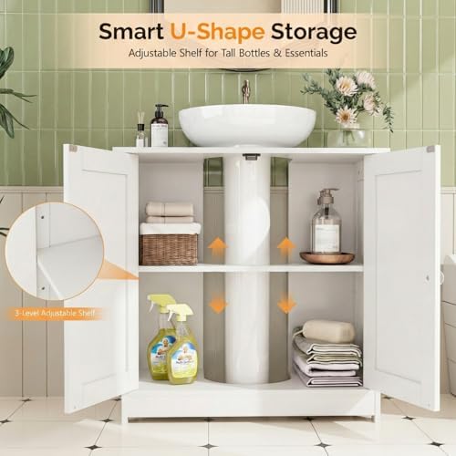 Bonnlo Pedestal Sink Storage Cabinet with 2 Doors Traditional Under Sink Cabinet Bathroom Space Saver Organizer with Adjustable Shelf White 23 5/8" W x 11 7/16" D x 23 5/8" H