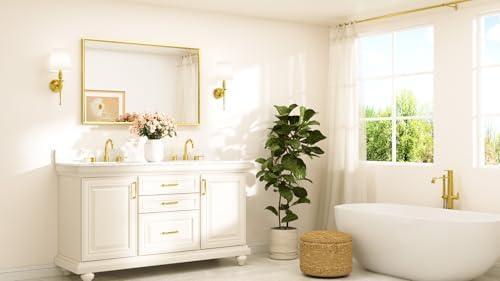 TETOTE Brushed Gold Frame Mirror for Bathroom Wall 48" x 30" Brushed Brass Beveled Rectangle Bathroom Vanity Mirror for Over Sink, Bedroom, Entryway, Living Room, Tempered Glass, Stronger Frame