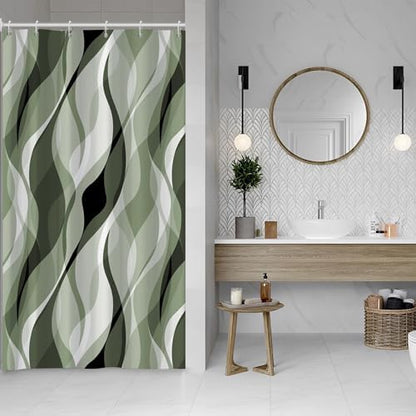Sage Green Striped Stall Shower Curtain with Hooks, 48x72 Inch