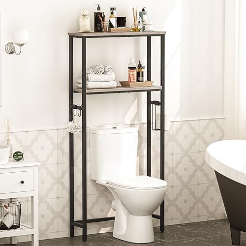 HOOBRO Over-The-Toilet Storage,2-Tier Bathroom Organizer Over Toilet,Freestanding Bathroom Storage Shelves, with Toilet Paper Holder and Hooks,Space Saver, Greige and Black BG49TS01