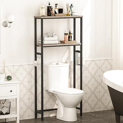 HOOBRO Over-The-Toilet Storage,2-Tier Bathroom Organizer Over Toilet,Freestanding Bathroom Storage Shelves, with Toilet Paper Holder and Hooks,Space Saver, Greige and Black BG49TS01