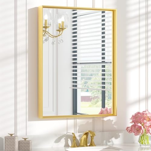Keonjinn 24x32 Inch Gold Bathroom Mirror for Over Sink, Aluminum Alloy