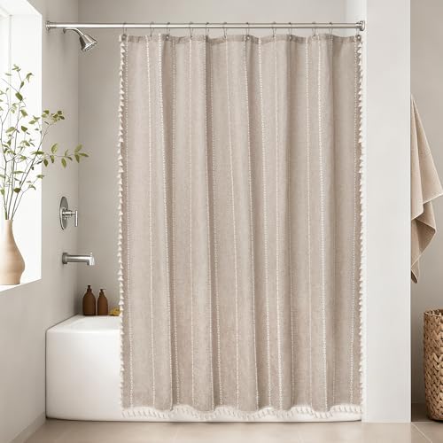 Seenus Boho Farmhouse Shower Curtain Heavyweight with Tassels, 72 x 84 Inch Extra Long Taupe Linen Textured Fabric Shower Curtain for Bathroom, Tan and White Striped Bath Décor Curtain Water Repellent
