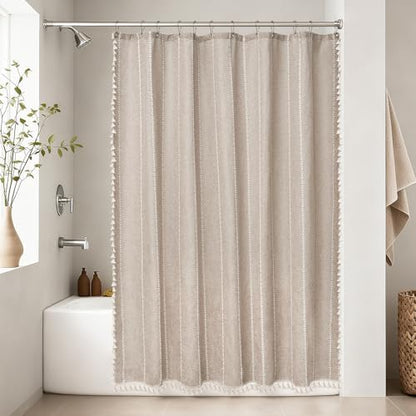 Seenus Boho Farmhouse Shower Curtain Heavyweight with Tassels, 72 x 84 Inch Extra Long Taupe Linen Textured Fabric Shower Curtain for Bathroom, Tan and White Striped Bath Décor Curtain Water Repellent