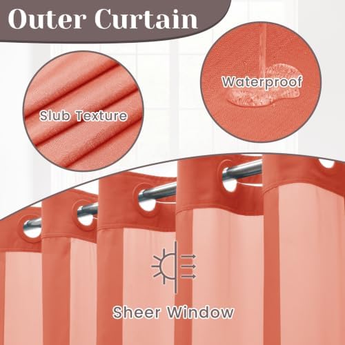 SORTTO No Hook Slub Shower Curtain with Liner, 71x74, Coral
