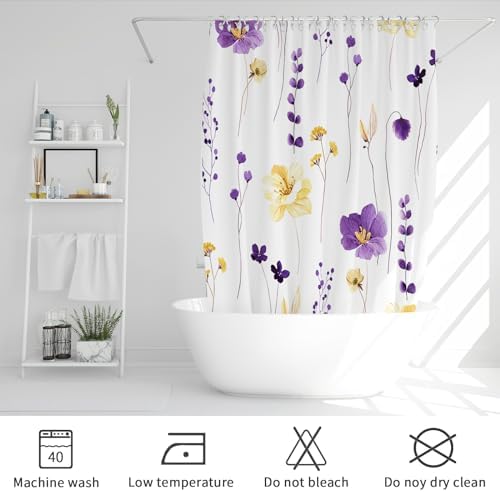 Gibelle Purple Yellow Watercolor Floral Fabric Shower Curtain, 36x72