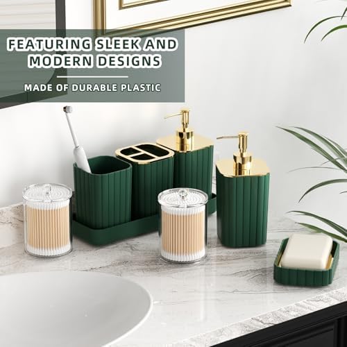 XLHOMO Bathroom Accessory Set - 25PC Green Bathroom Sets, Bathroom Set with Shower Curtain and Rugs, Dark Green Shower Curtain Set, Trash Can, Qtip Holder & Soap Dispenser