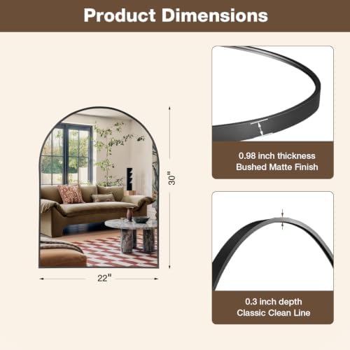 22"x30" Matte Black Arched Vanity Bathroom Mirror, Set of 2