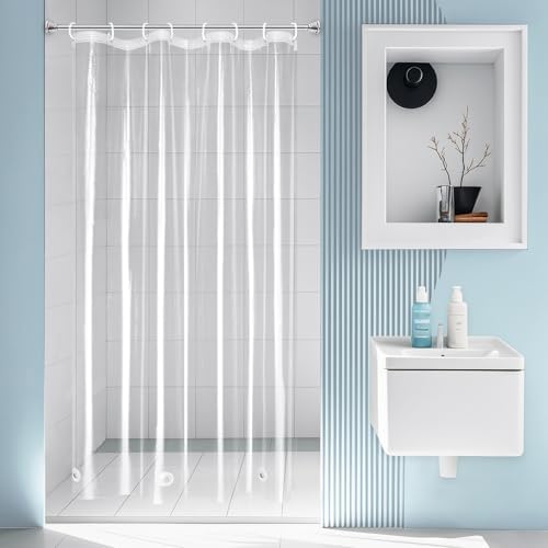 EurCross 48 x 84 inch Extra Long Stall Shower Curtain Liner with 3 Magnet Weights and Hooks, Heavy Duty Waterproof 9G PEVA Transparent Plastic Long Stall Shower Curtain, 8 Metal Grommets.