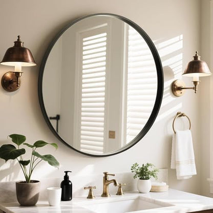 WallBeyond Round Wood Mirror, 32" Round Modern Decoration Large Circle Wall Mirror for Bathroom Living Room Bedroom Entryway, Black