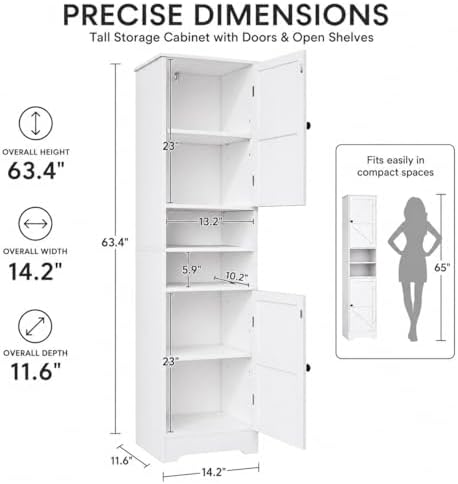 Viaozutis Tall Bathroom Storage Cabinet, Slim Freestanding Cabinet with Adjustable Shelves, Vertical Storage Organizer for Small Bathrooms, Toilet Paper & Daily Essentials Storage（White）
