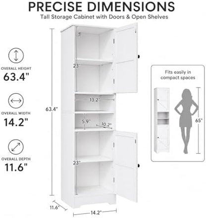 Viaozutis Tall Bathroom Storage Cabinet, Slim Freestanding Cabinet with Adjustable Shelves, Vertical Storage Organizer for Small Bathrooms, Toilet Paper & Daily Essentials Storage（White）