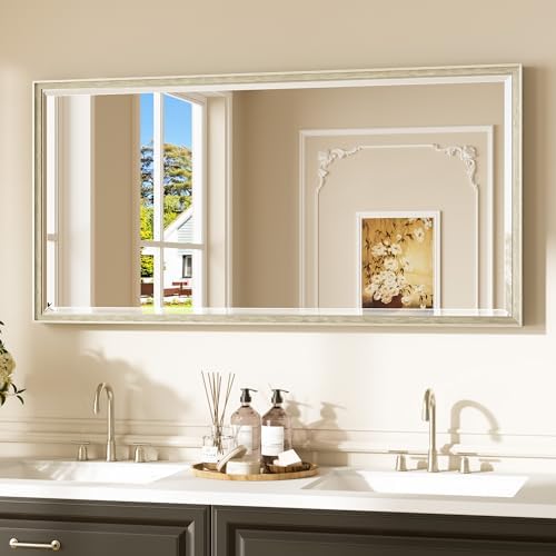 Keonjinn 48"x24" Brushed Nickel Framed Wall Mirror, HD Safe Tempered Glass