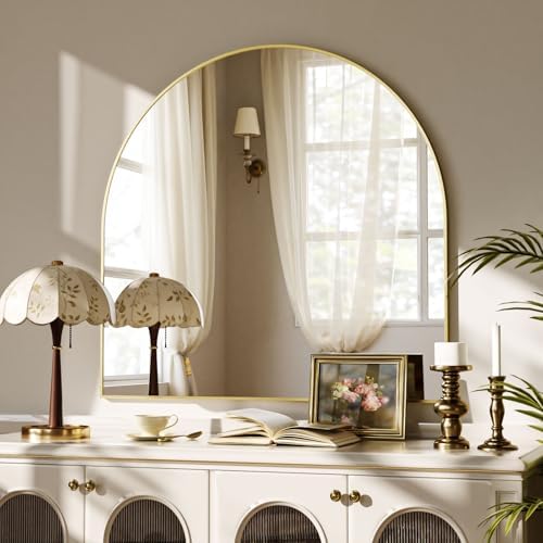 VooBang Wide Arched Wall Mirror, 31 x 32 inch Arch Bathroom Mirror Gold