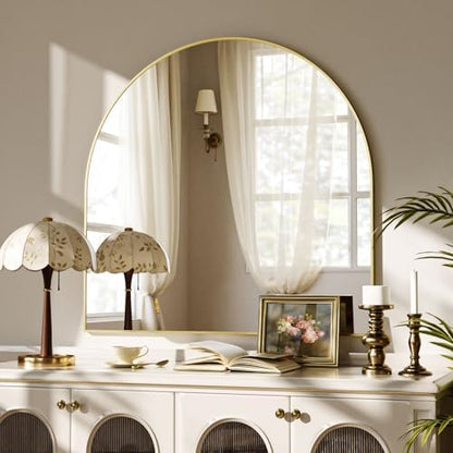 VooBang Wide Arched Wall Mirror, 31 x 32 inch Arch Bathroom Mirror Gold