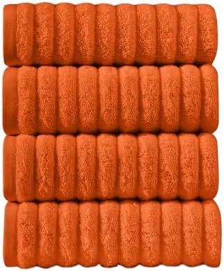 Elegant Comfort Luxury 100% Turkish Cotton Corduroy Ribbed 4 Pack Hand Towel Set 16 x 28 Inch - Absorbent, Super Soft, Quick Dry, Premium Towels for Bathroom, Gym, Spa and Hotel Use, Orange