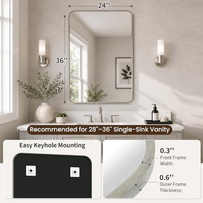 24x36 Inch Brushed Nickel Rounded Rectangle Bathroom Vanity Mirror