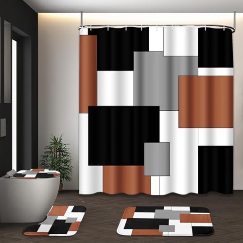 Bathroom Sets with Shower Curtain and Rugs, 4 Pcs, Geometric Modern