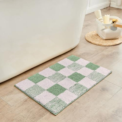 CozeCube Sage Green Checkered Bath Mat 32"x20" Non Slip Washable Rug
