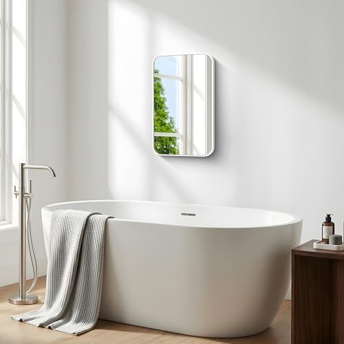 BONEWEI White Bathroom Mirror,16x24 inch Wall Mirror for Bathroom Wall Mounted,Rectangle Mirror for Bathroom Over Sink,Modern Frame Round Corner for Living Room,Bedroom Entryway,Horizontal/Vertical