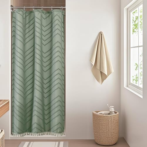 OWENIE Small Boho Stall Shower Curtain, Sage Green Fabric Cloth Stall Shower Curtain 36 x 72 Half Size with Tassel Tufted Chevron Striped Textured Modern Farmhouse for Bathroom, Machine Washable